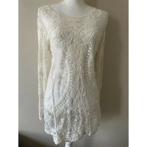 Phase One Women’s Medium Boho cream Tunic Dainty Open lace Top Blouse Shirt